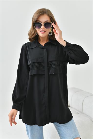 FTZ Women Kadın File Detaylı Gömlek  Siyah 30797