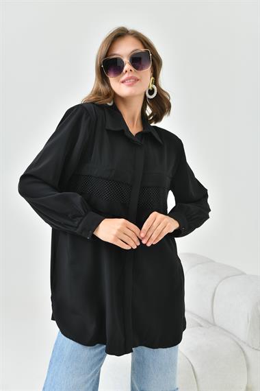 FTZ Women Kadın File Detaylı Gömlek  Siyah 30797