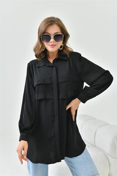 FTZ Women Kadın File Detaylı Gömlek  Siyah 30797