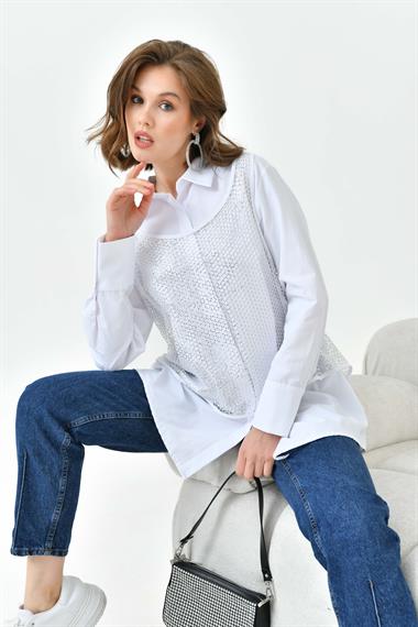 FTZ Women Kadın Fileli Koton Gömlek Takım  Ekru 30769