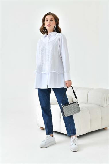 FTZ Women Kadın Fileli Koton Gömlek Takım  Ekru 30769