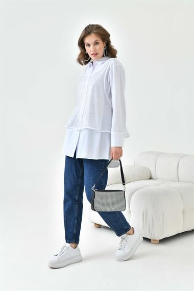 FTZ Women Kadın Fileli Koton Gömlek Takım  Ekru 30769