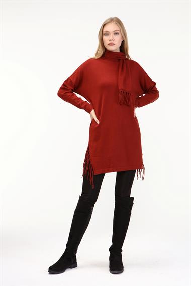 FTZ Women Kadın Fularlı Triko  Kiremit 21-1331