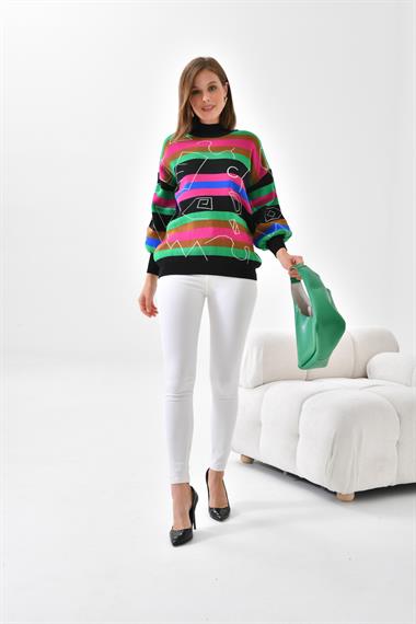 FTZ Women Kadın Geometrik Desenli Kazak  Siyah 20109