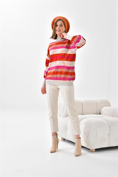 FTZ Women Kadın Geometrik Desenli Kazak  Taş 20109