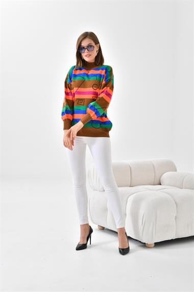 FTZ Women Kadın Geometrik Desenli Kazak  Taba 20109