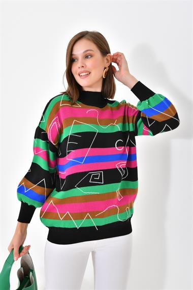 FTZ Women Kadın Geometrik Desenli Kazak  Siyah 20109