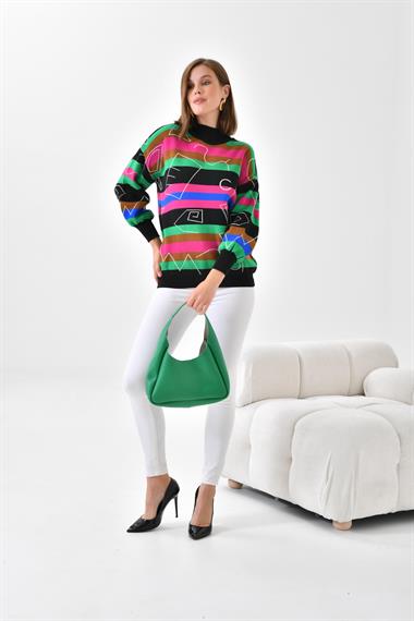 FTZ Women Kadın Geometrik Desenli Kazak  Siyah 20109