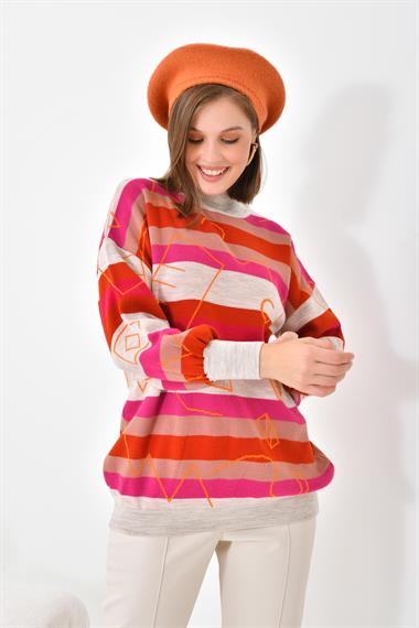 FTZ Women Kadın Geometrik Desenli Kazak  Taş 20109