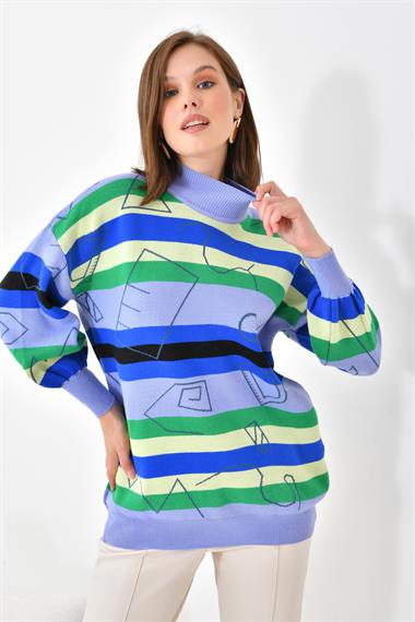 FTZ Women Kadın Geometrik Desenli Kazak  Lila 20109