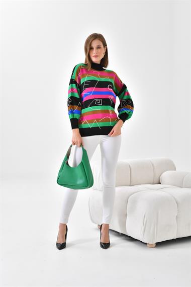 FTZ Women Kadın Geometrik Desenli Kazak  Siyah 20109