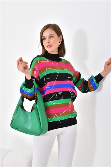 FTZ Women Kadın Geometrik Desenli Kazak  Siyah 20109