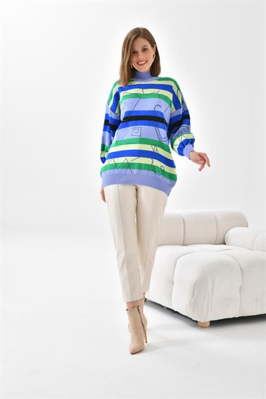 FTZ Women Kadın Geometrik Desenli Kazak  Lila 20109