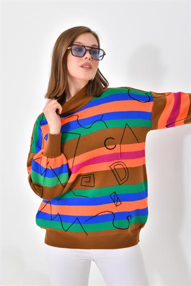 FTZ Women Kadın Geometrik Desenli Kazak  Taba 20109