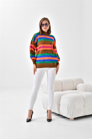 FTZ Women Kadın Geometrik Desenli Kazak  Taba 20109