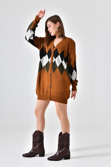 FTZ Women Kadın Göğüs Baklava Desen Hırka  Taba 21-6285