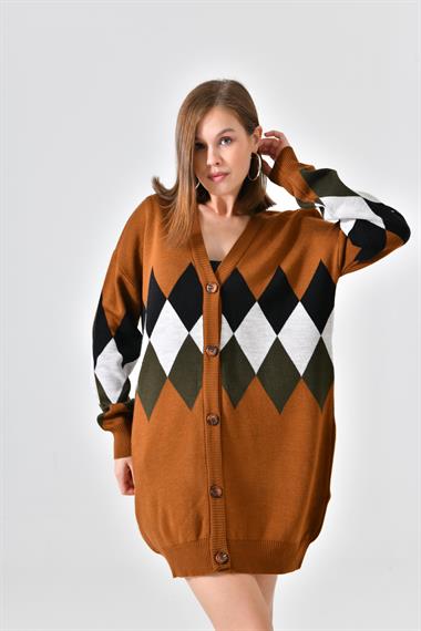 FTZ Women Kadın Göğüs Baklava Desen Hırka  Taba 21-6285