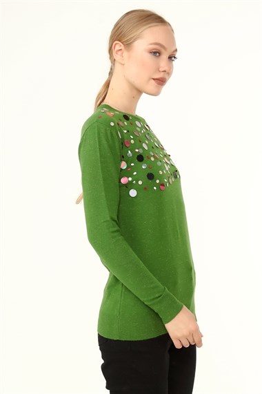 FTZ Women Kadın Göğüs Boncuk Detay Kazak  Yeşil 21-1355