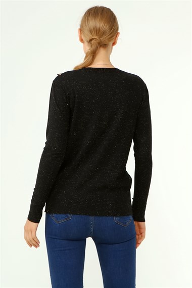 FTZ Women Kadın Göğüs Boncuk Detay Kazak  Siyah 21-1355