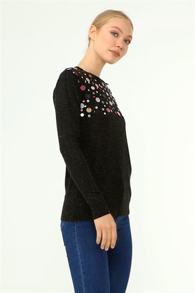 FTZ Women Kadın Göğüs Boncuk Detay Kazak  Siyah 21-1355