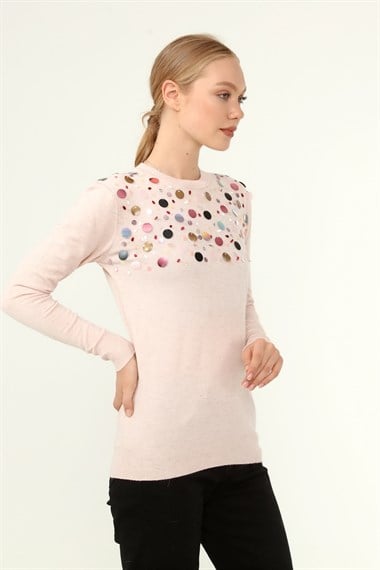 FTZ Women Kadın Göğüs Boncuk Detay Kazak  Pudra 21-1355