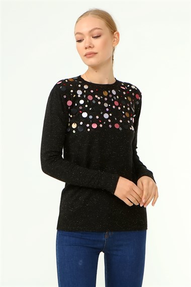 FTZ Women Kadın Göğüs Boncuk Detay Kazak  Siyah 21-1355