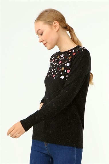 FTZ Women Kadın Göğüs Boncuk Detay Kazak  Siyah 21-1355