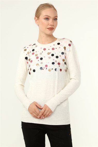 FTZ Women Kadın Göğüs Boncuk Detay Kazak  Kemik 21-1355