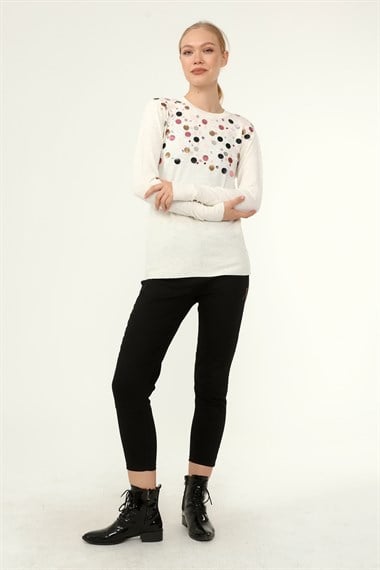 FTZ Women Kadın Göğüs Boncuk Detay Kazak  Kemik 21-1355