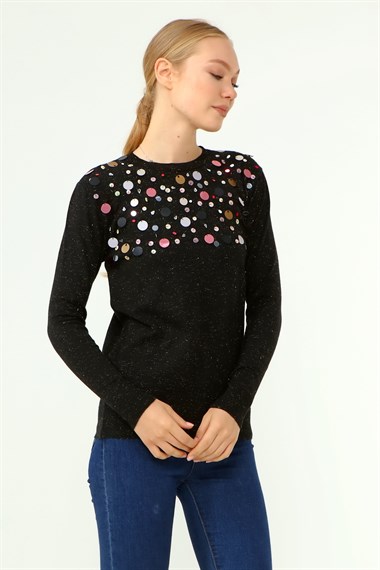 FTZ Women Kadın Göğüs Boncuk Detay Kazak  Siyah 21-1355