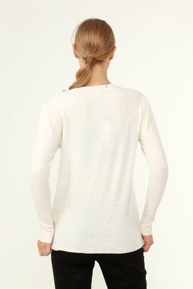 FTZ Women Kadın Göğüs Boncuk Detay Kazak  Kemik 21-1355