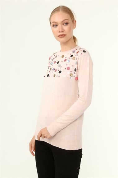 FTZ Women Kadın Göğüs Boncuk Detay Kazak  Pudra 21-1355