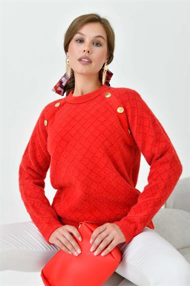 FTZ Women Kadın Gold Düğme Detaylı Bluz  Kırmızı 20699