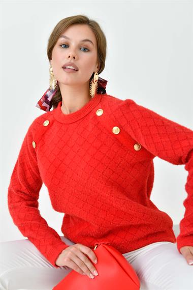 FTZ Women Kadın Gold Düğme Detaylı Bluz  Kırmızı 20699