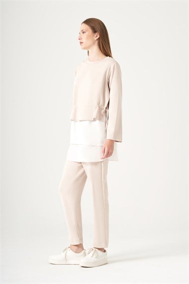 FTZ Women Kadın Gömlek Detay Pantolonlu Takım  Beige 31520
