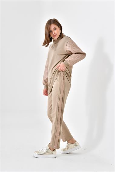FTZ Women Kadın İki İp Deri Detaylı Takım  Beige 30616
