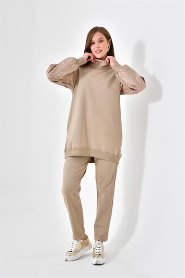 FTZ Women Kadın İki İp Deri Detaylı Takım  Beige 30616