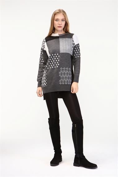FTZ Women Kadın İki Renk Yaka Kazak  Gri 21-6229