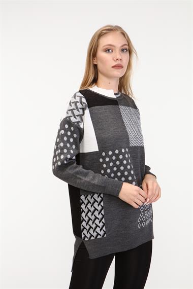 FTZ Women Kadın İki Renk Yaka Kazak  Gri 21-6229