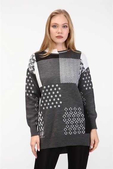 FTZ Women Kadın İki Renk Yaka Kazak  Gri 21-6229
