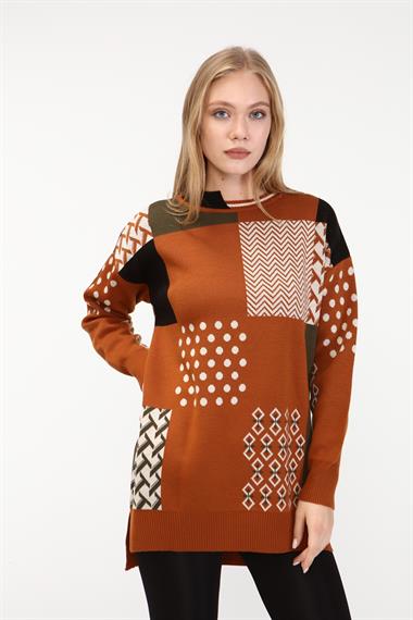FTZ Women Kadın İki Renk Yaka Kazak  Kiremit 21-6229