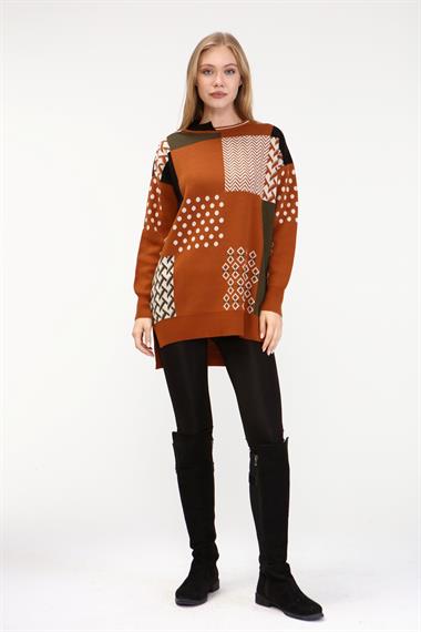FTZ Women Kadın İki Renk Yaka Kazak  Kiremit 21-6229