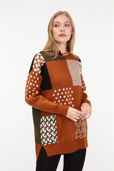 FTZ Women Kadın İki Renk Yaka Kazak  Kiremit 21-6229