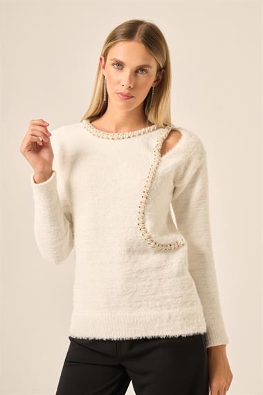 FTZ Women Kadın İnci Detay Kazak  Ekru 25061