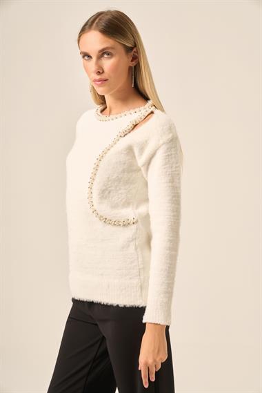 FTZ Women Kadın İnci Detay Kazak  Ekru 25061
