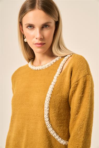 FTZ Women Kadın İnci Detay Kazak  Hardal 25061