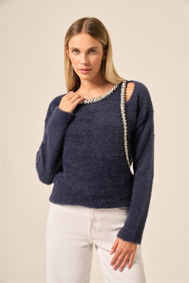 FTZ Women Kadın İnci Detay Kazak  Lacivert 25061