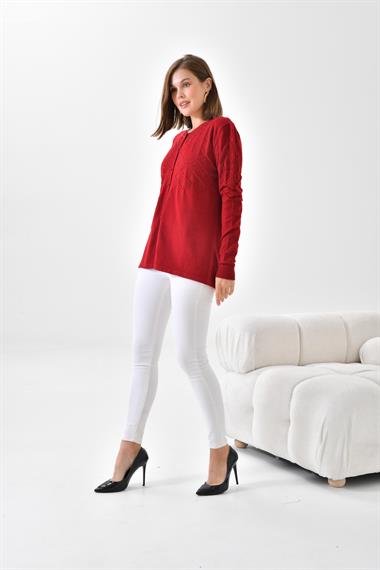 FTZ Women Kadın İnci Detaylı Hırka  Bordo 20048