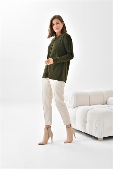 FTZ Women Kadın İnci Detaylı Hırka  Haki 20048