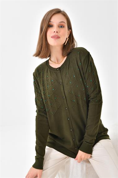 FTZ Women Kadın İnci Detaylı Hırka  Haki 20048